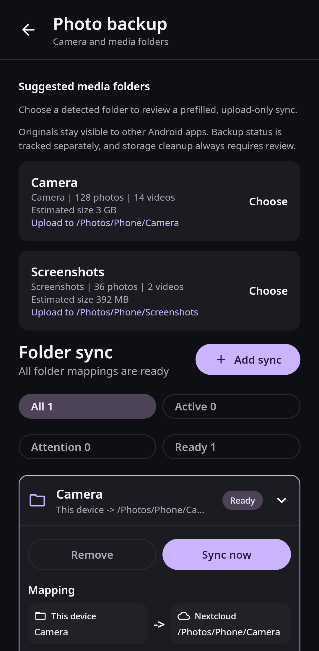 Nextcloud Native media backup view with Camera and Screenshots suggestions and active transfer counts